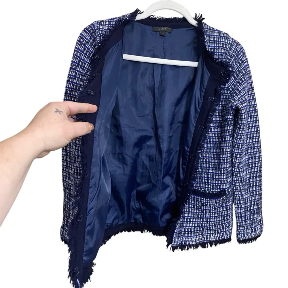 J. Crew Metallic Navy & White Tweed Stretch Wool Blend Hook Closure Blazer Sz XS